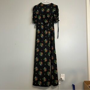 ASOS drawstring Ruffle Sleeve Floral Maxi Dress Black Sz 4 Keyhole Fit & Flare